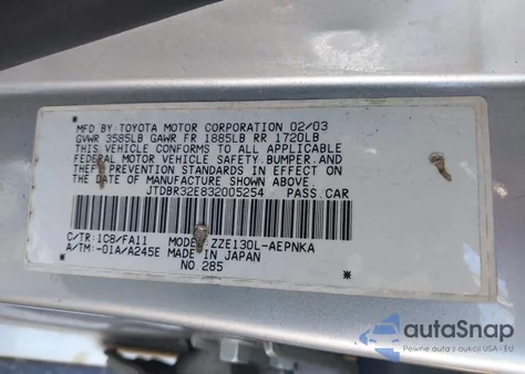 2003 Toyota Corolla Le z USA, uszkodzony, nr VIN JTDBR32E832005254